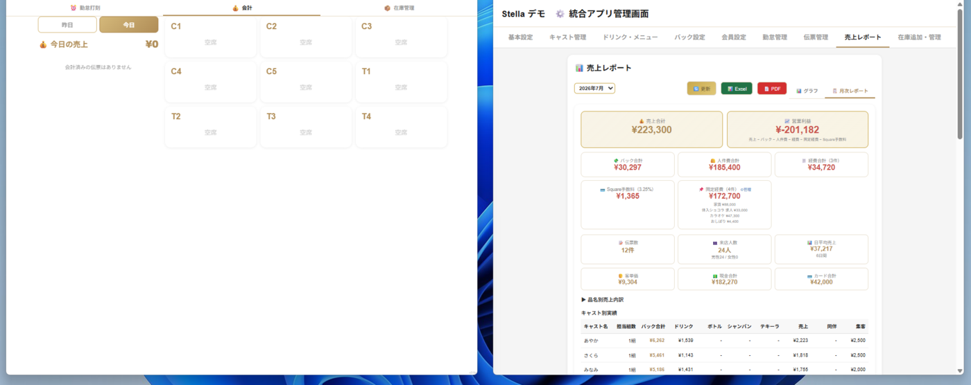 お金の画面とキャスト用画面が別々